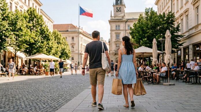 Refugee_family_walking_city_square_202607091241 Українці йдуть з покупками по Чехії